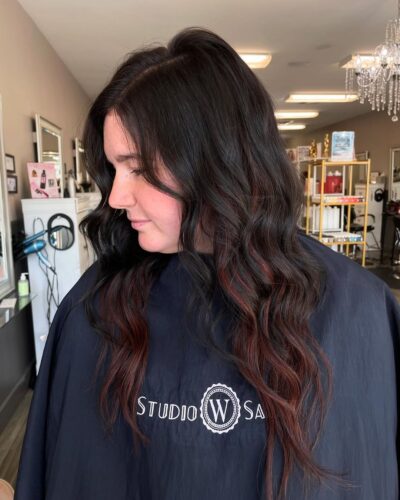 Teddy Bear Brunette she is glowinggg ••swipe to see her before i used naughty by nature and cherry bomb @amplifyhair extensions and covered her previous color with @kevin.murphy 5.0 ️ ️extensions amplifyhair kevinmurphy haircolor bala 1